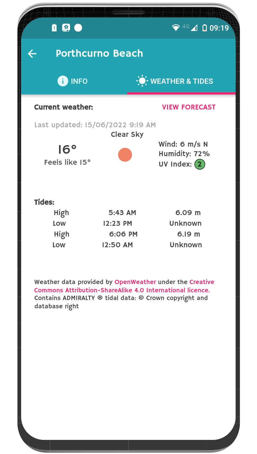 weather and tides view from the app